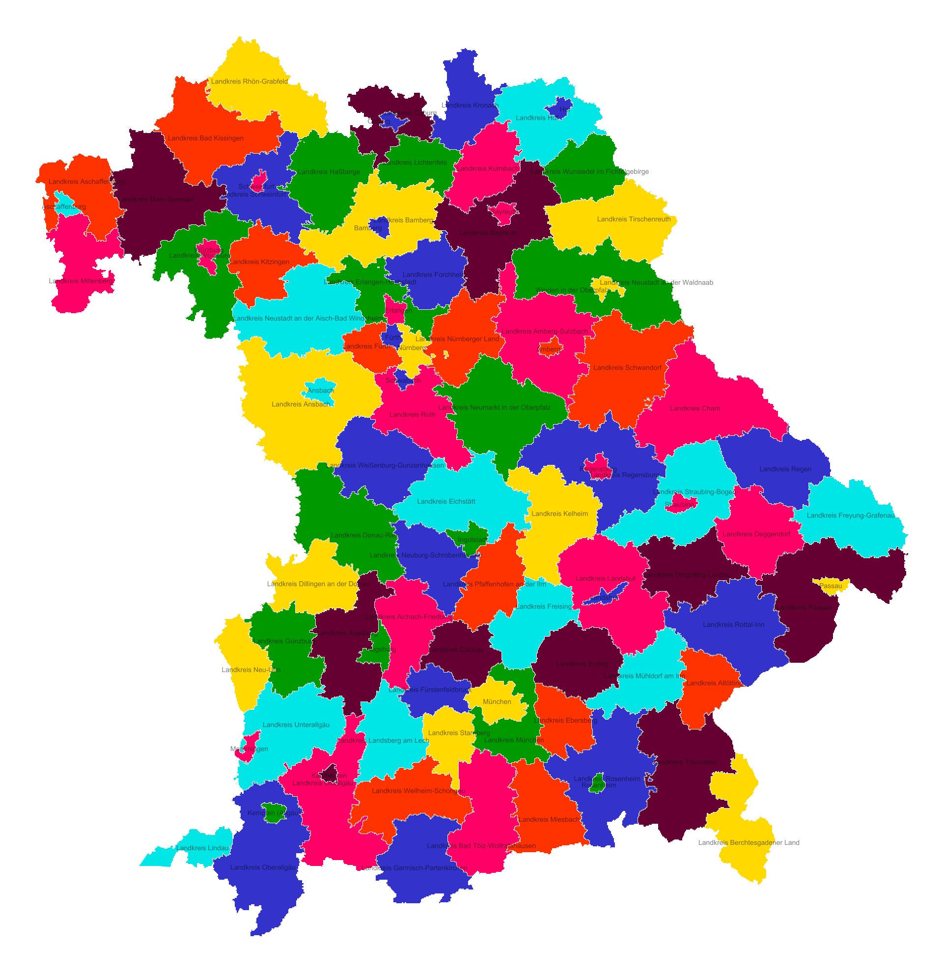 Karte Von Land Und Stadtkreise In Bayern