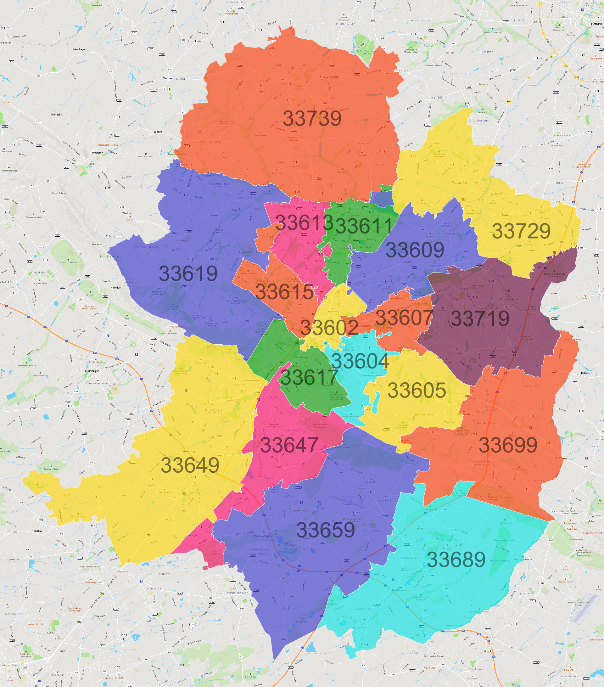 Bielefeld Postleitzahlen Karte - AtlasBig.com