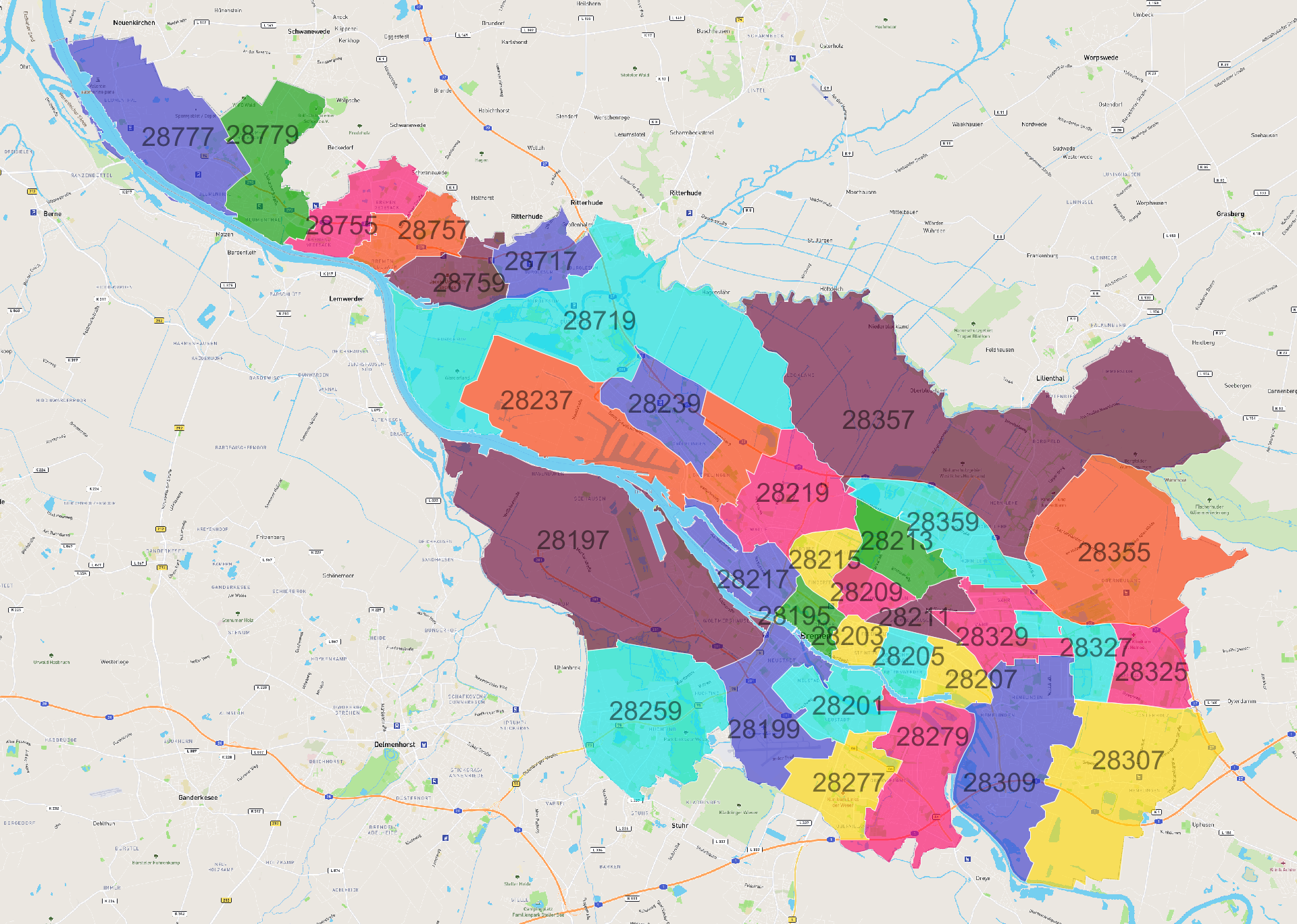 postleitzahlen bremen karte Bremen Postleitzahlen Karte Atlasbig Com postleitzahlen bremen karte