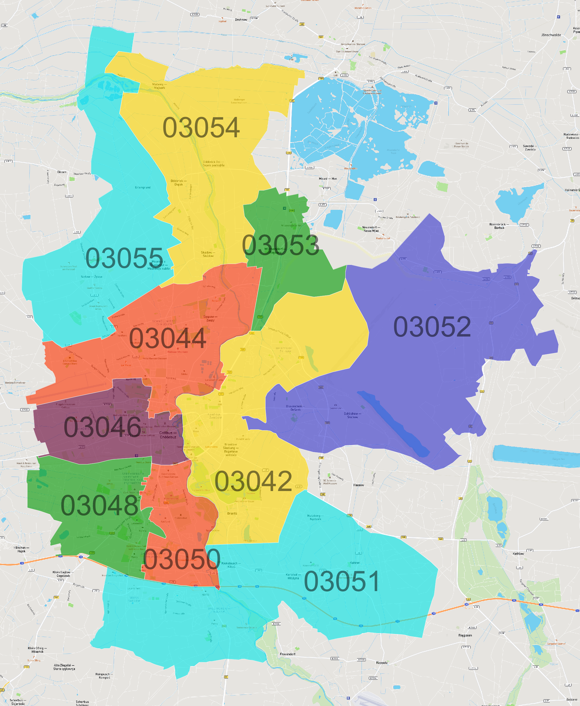 Cottbus Postleitzahlen Karte AtlasBig
