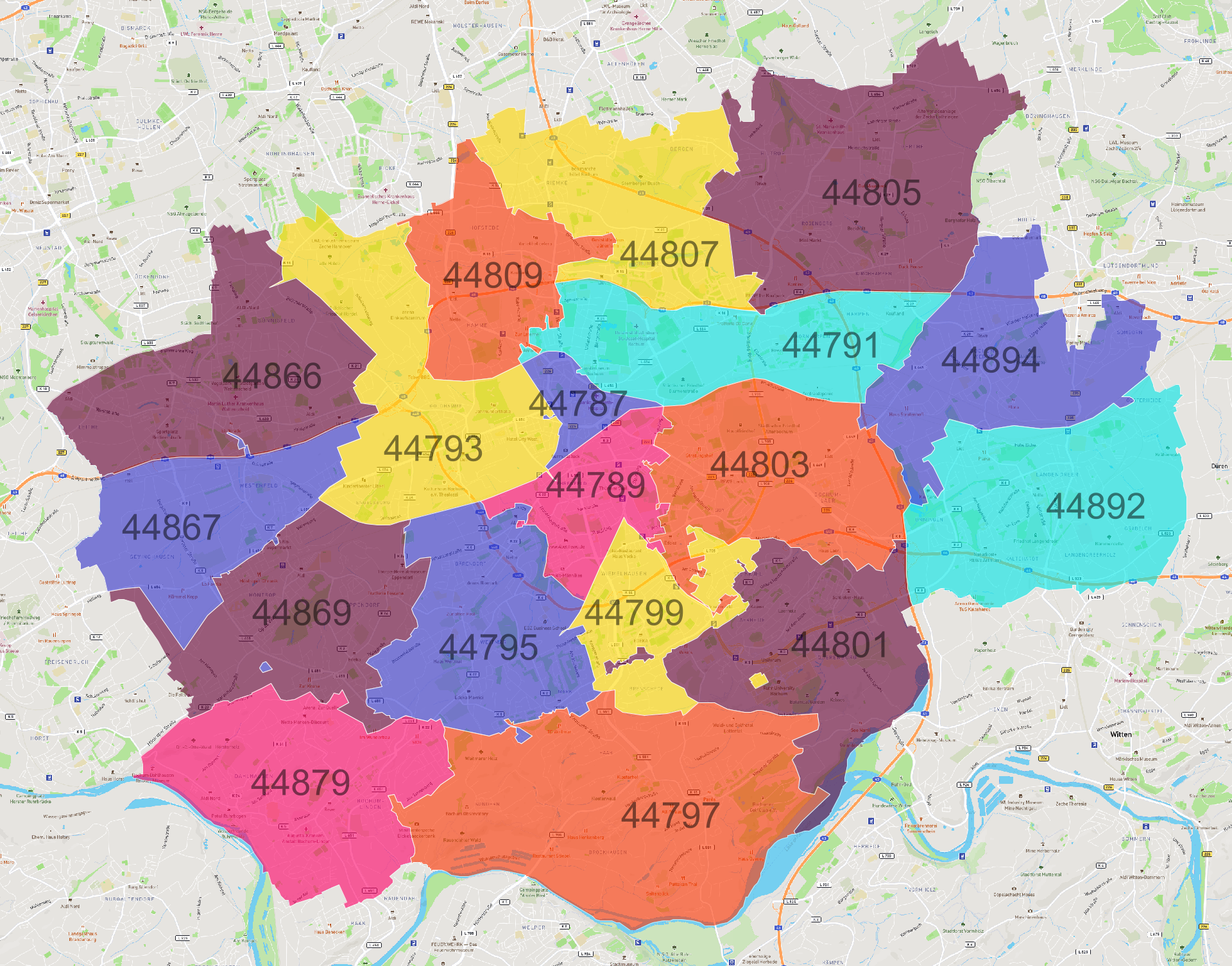 Bochum Postleitzahlen Karte - AtlasBig.com