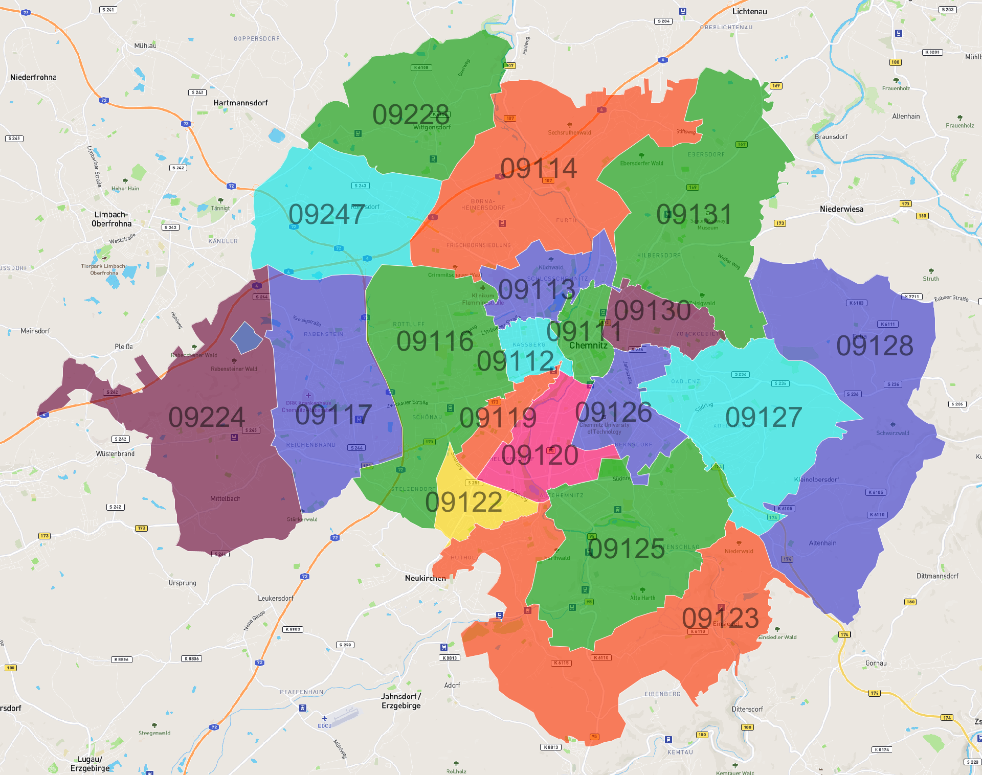 Chemnitz Postleitzahlen Karte - AtlasBig.com