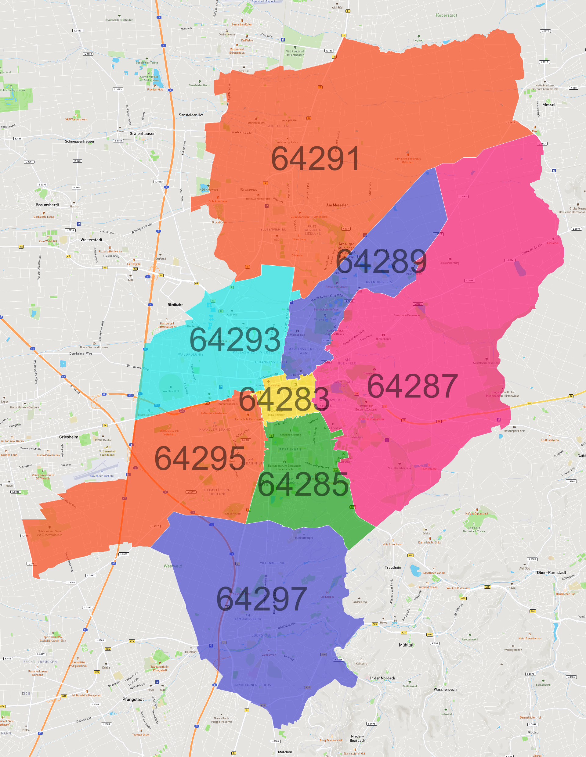 Darmstadt Postleitzahlen Karte - AtlasBig.com