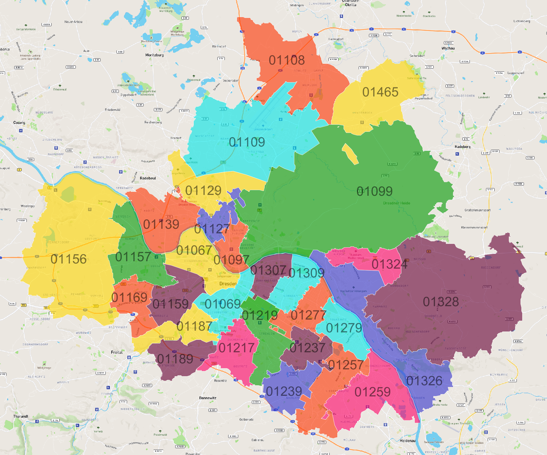 Dresden Postleitzahlen Karte - AtlasBig.com