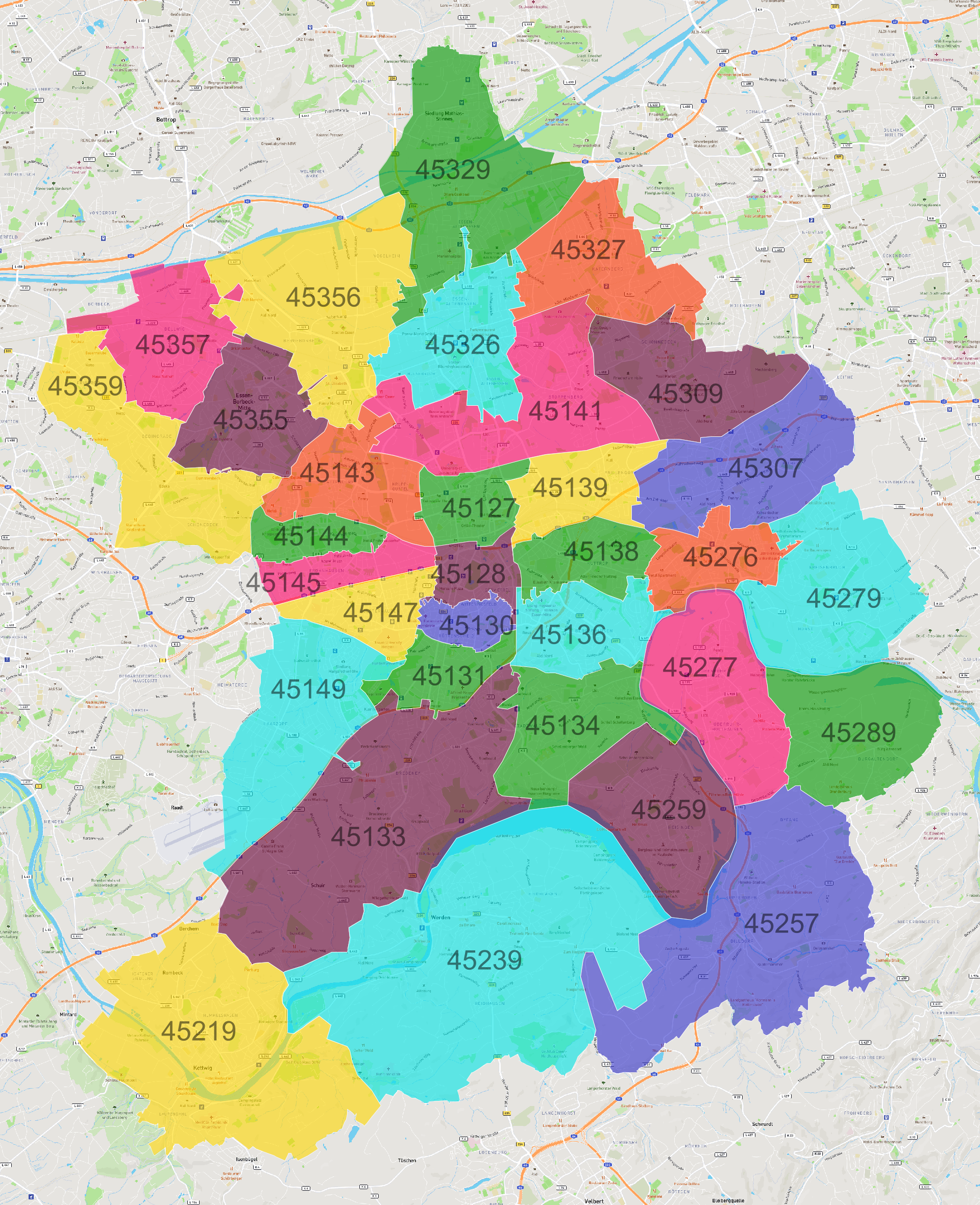 Essen Postleitzahlen Karte - AtlasBig.com