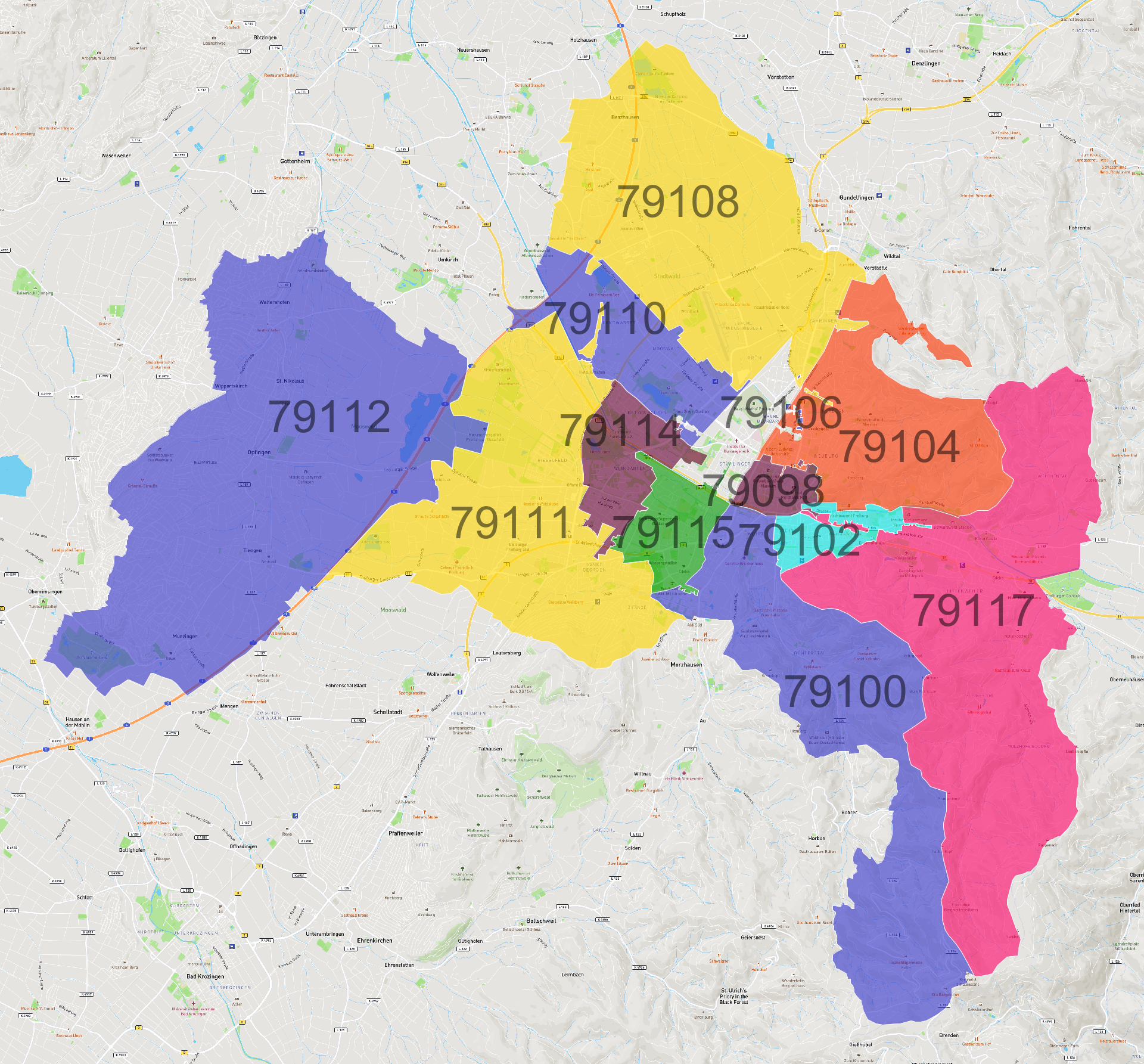 Freiburg im Breisgau Postleitzahlen Karte - AtlasBig.com