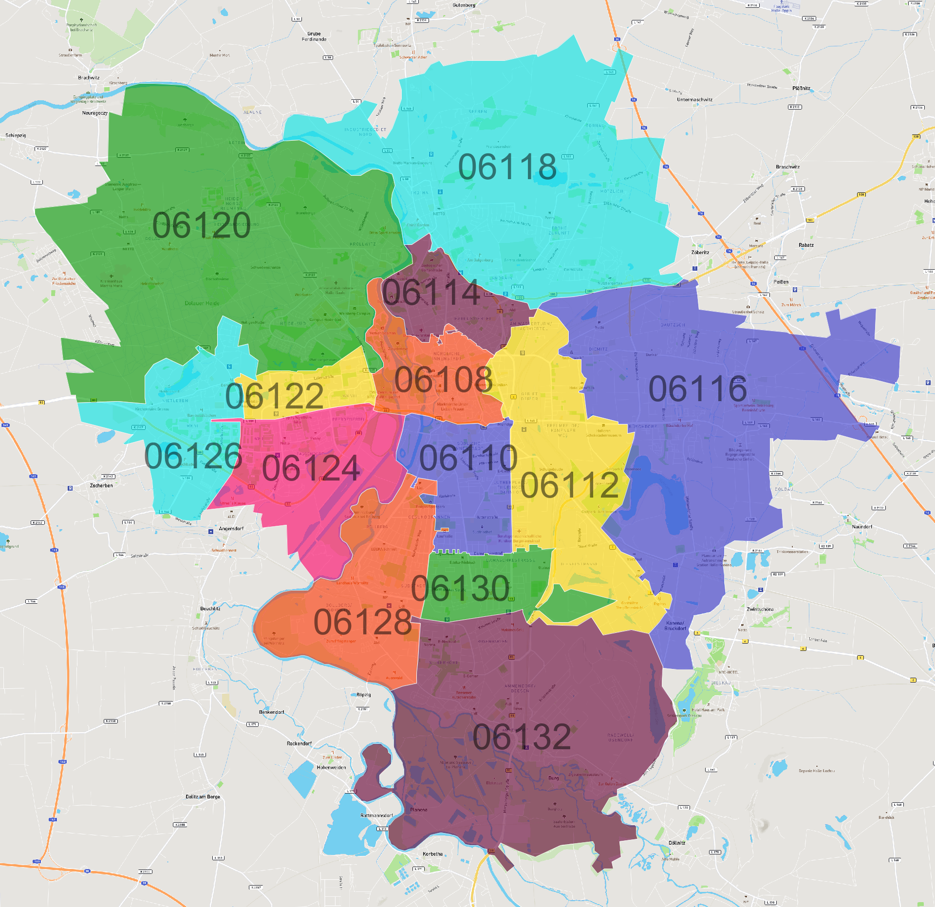 Halle (Saale) Postleitzahlen Karte - AtlasBig.com