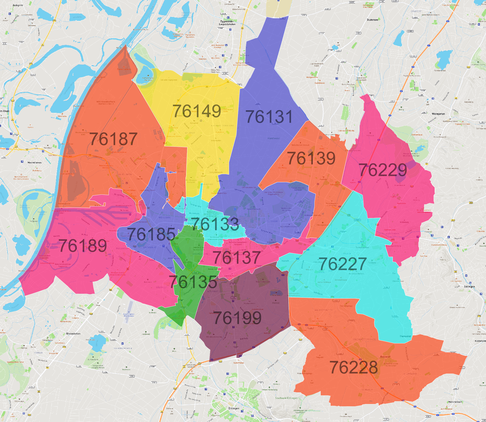 Karlsruhe Postleitzahlen Karte - AtlasBig.com