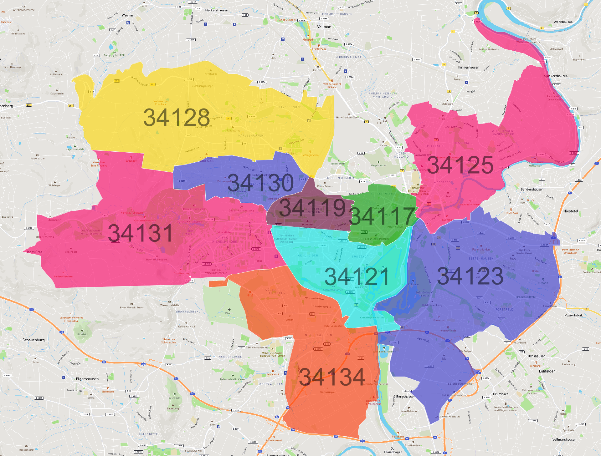 Kassel Postleitzahlen Karte - AtlasBig.com