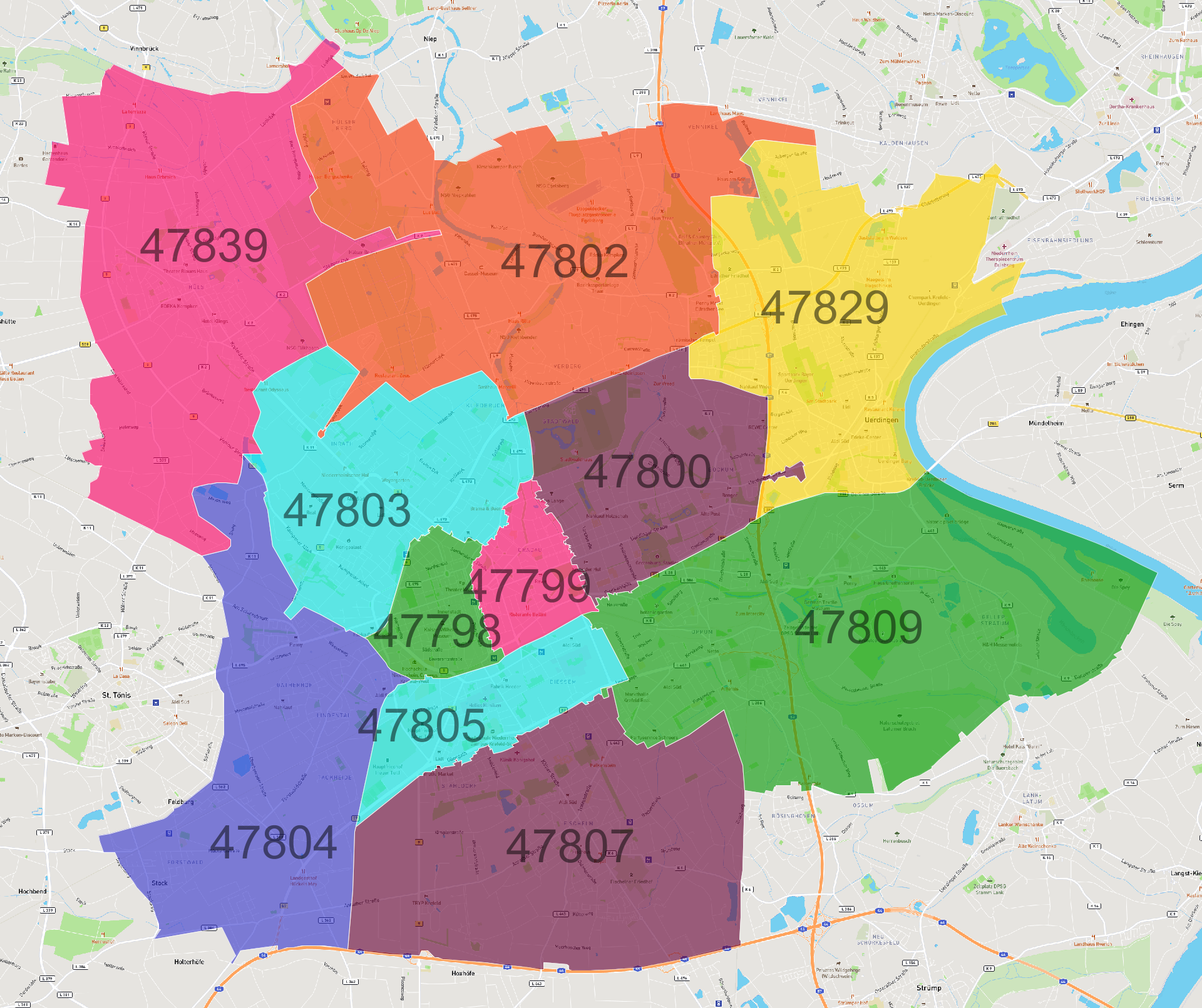 Krefeld Postleitzahlen Karte - AtlasBig.com