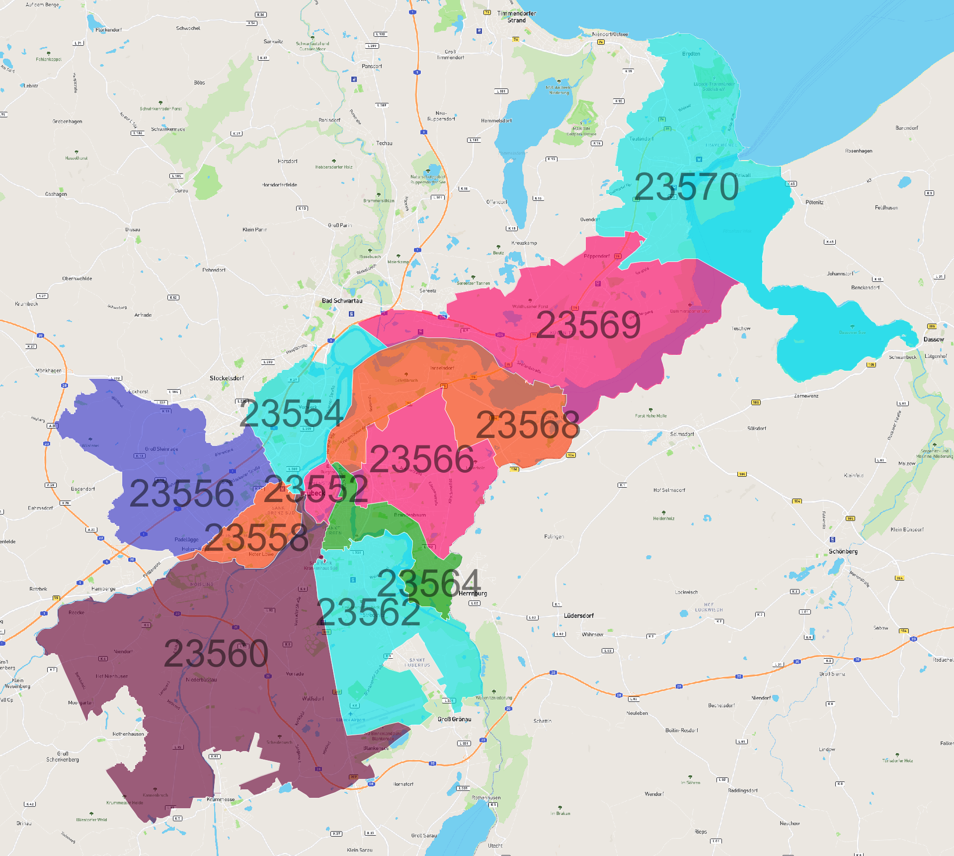 Lübeck Postleitzahlen Karte - AtlasBig.com