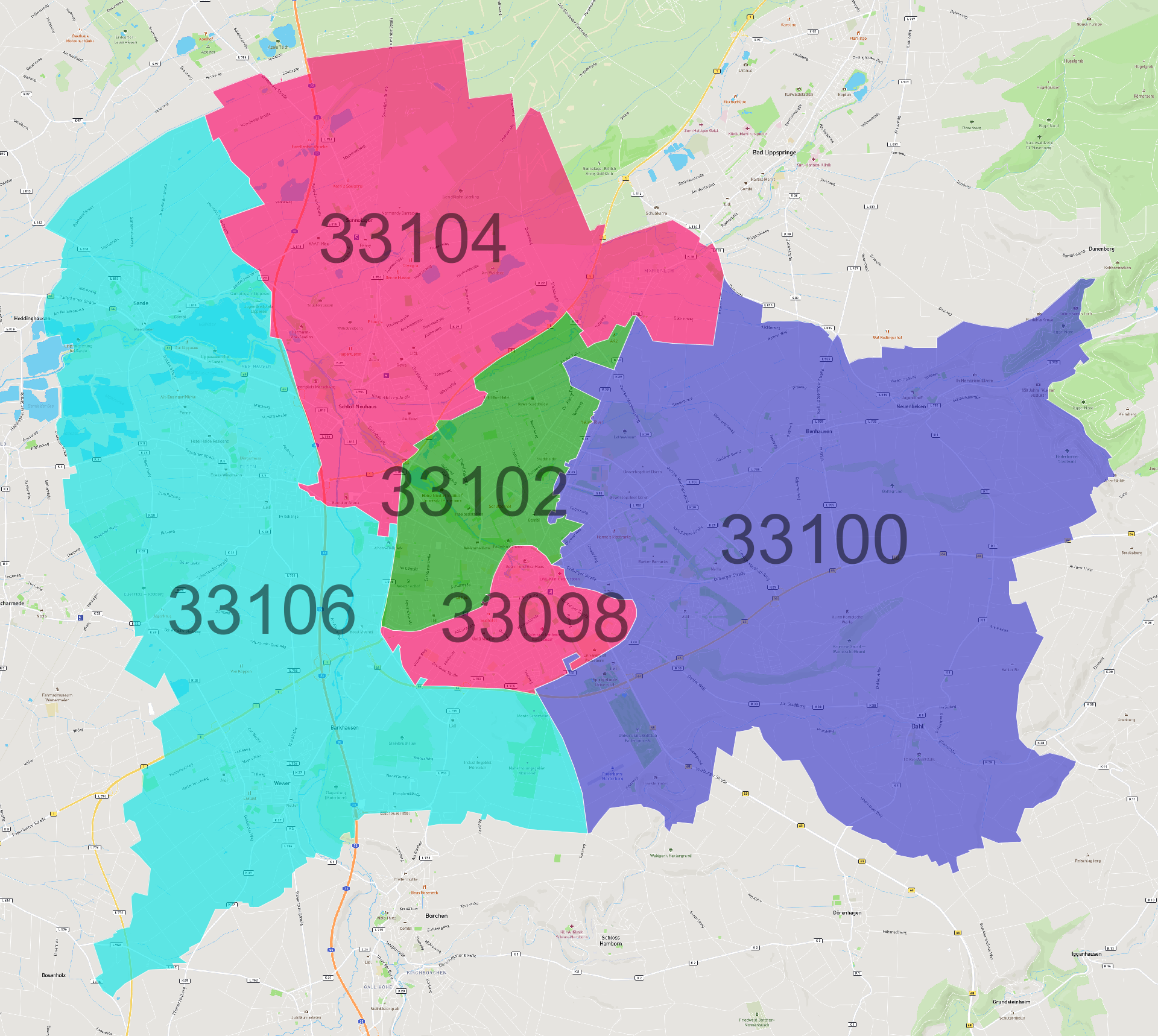 Paderborn Postleitzahlen Karte - AtlasBig.com