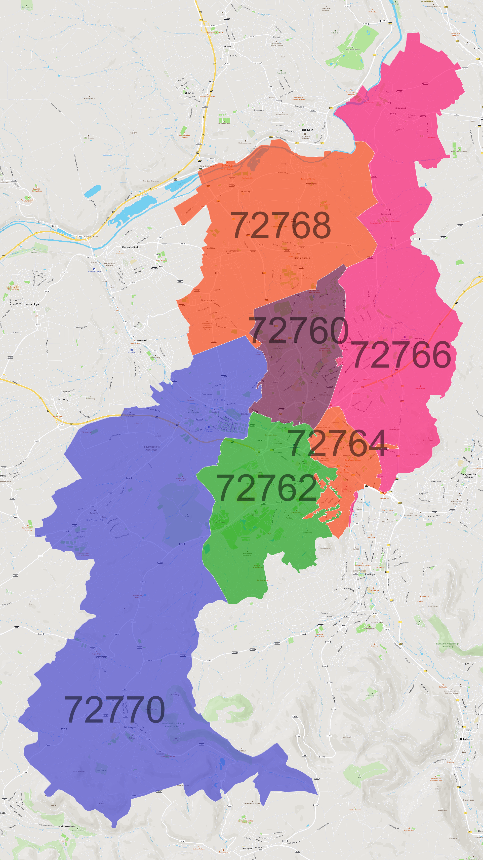 Reutlingen Postleitzahlen Karte - AtlasBig.com