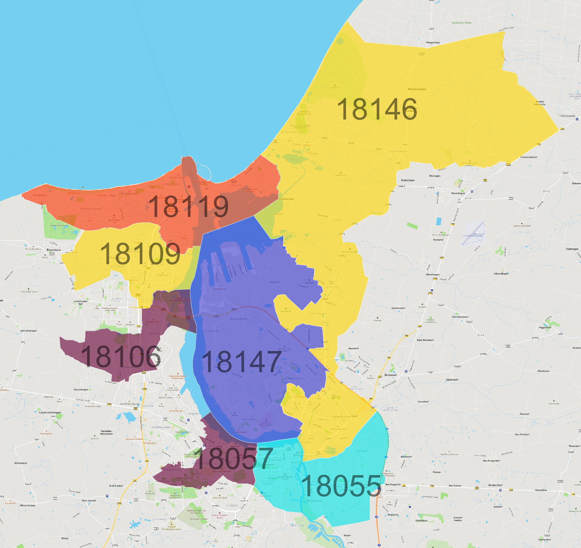 Rostock Postleitzahlen Karte - AtlasBig.com