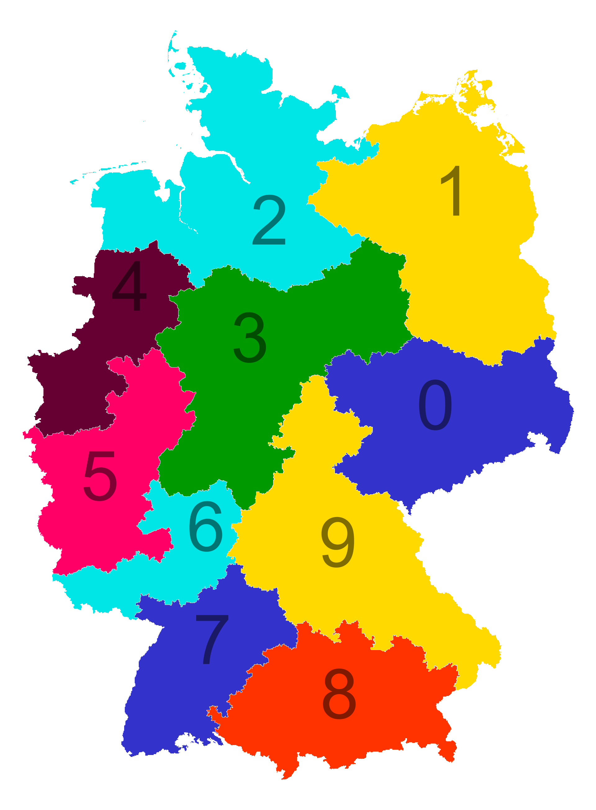 Deutschland Postleitzahlenkarte 1 Ziffer