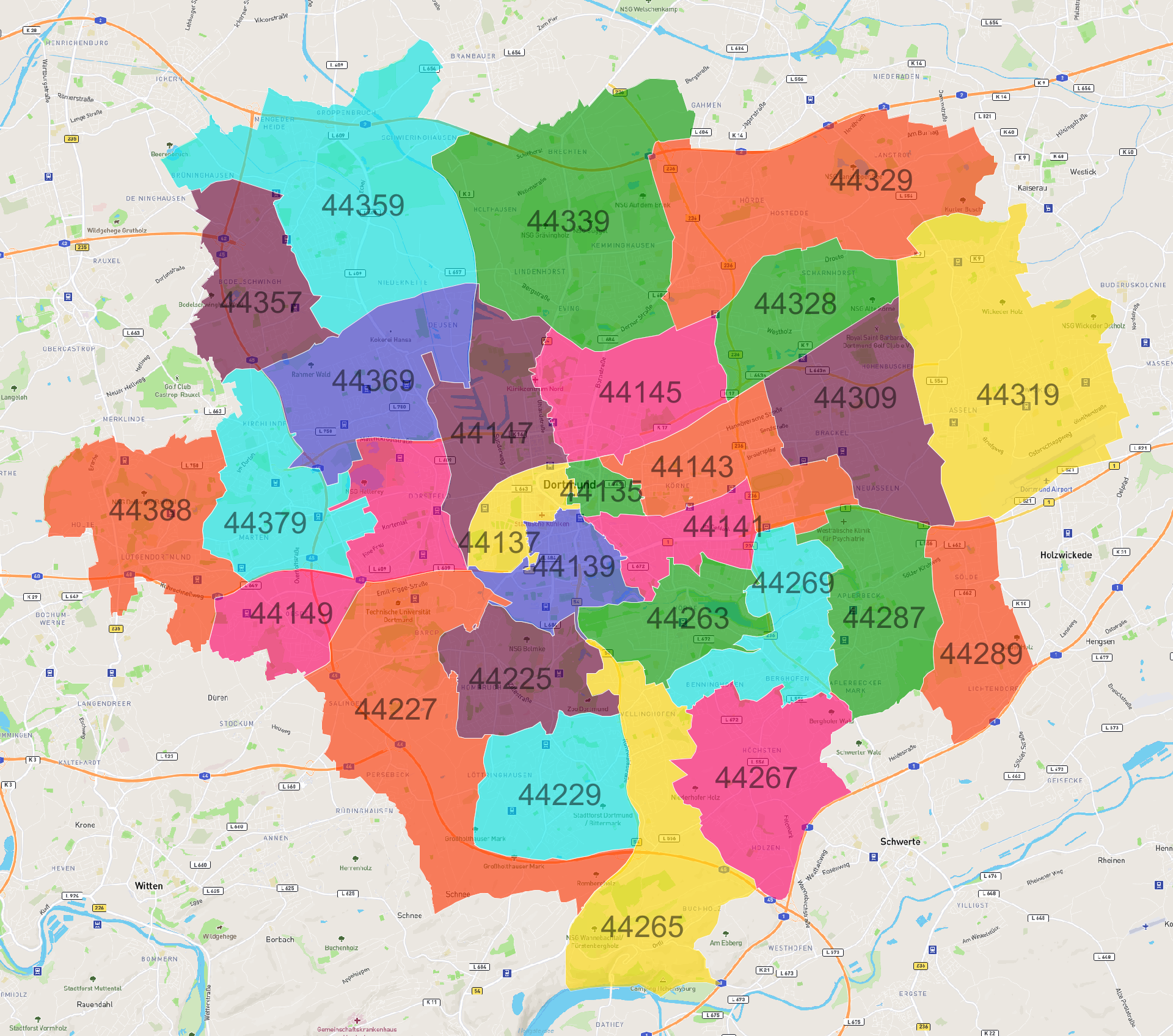 Dortmund Postleitzahlen Karte - AtlasBig.com