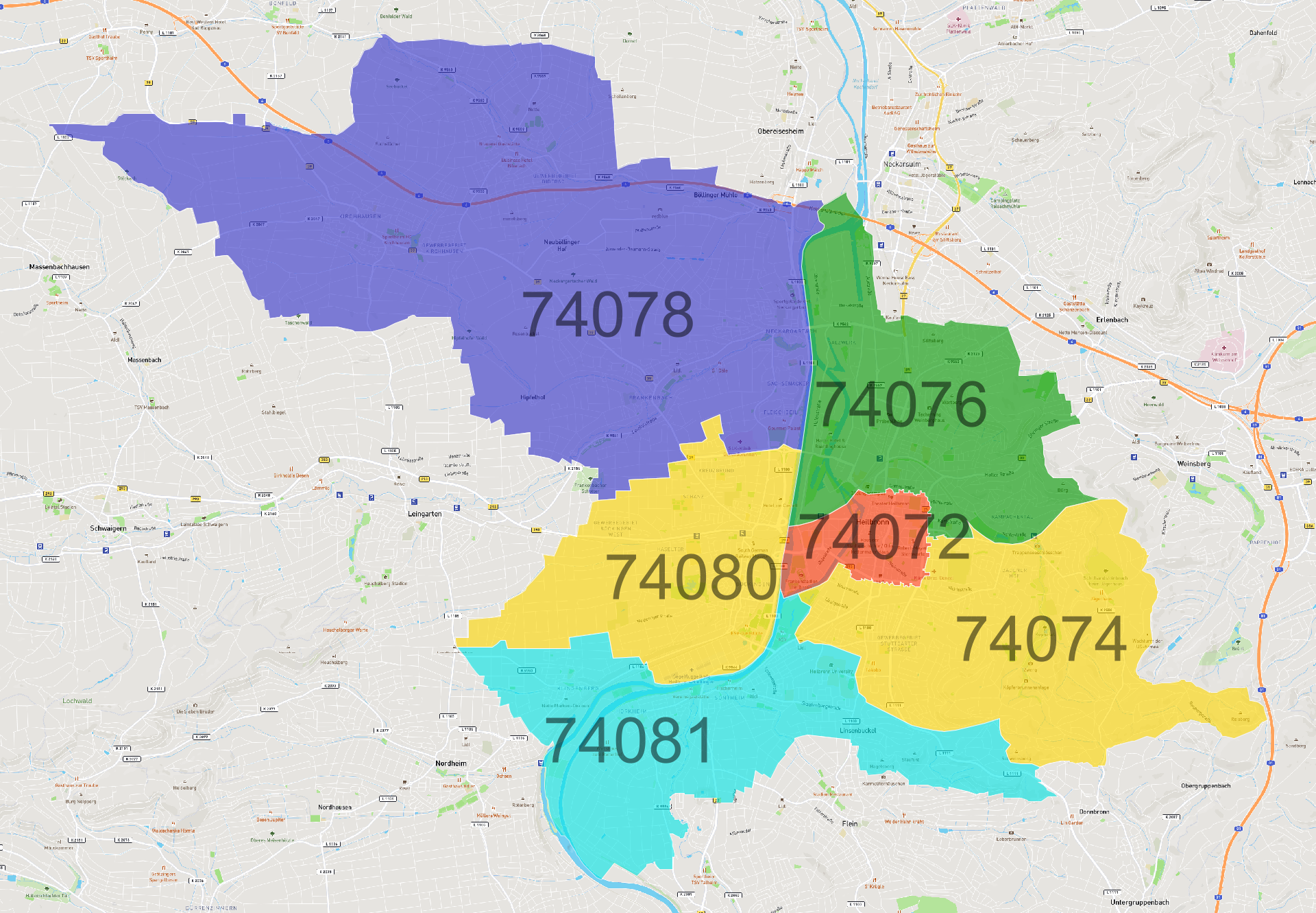 Heilbronn Postleitzahlen Karte - AtlasBig.com