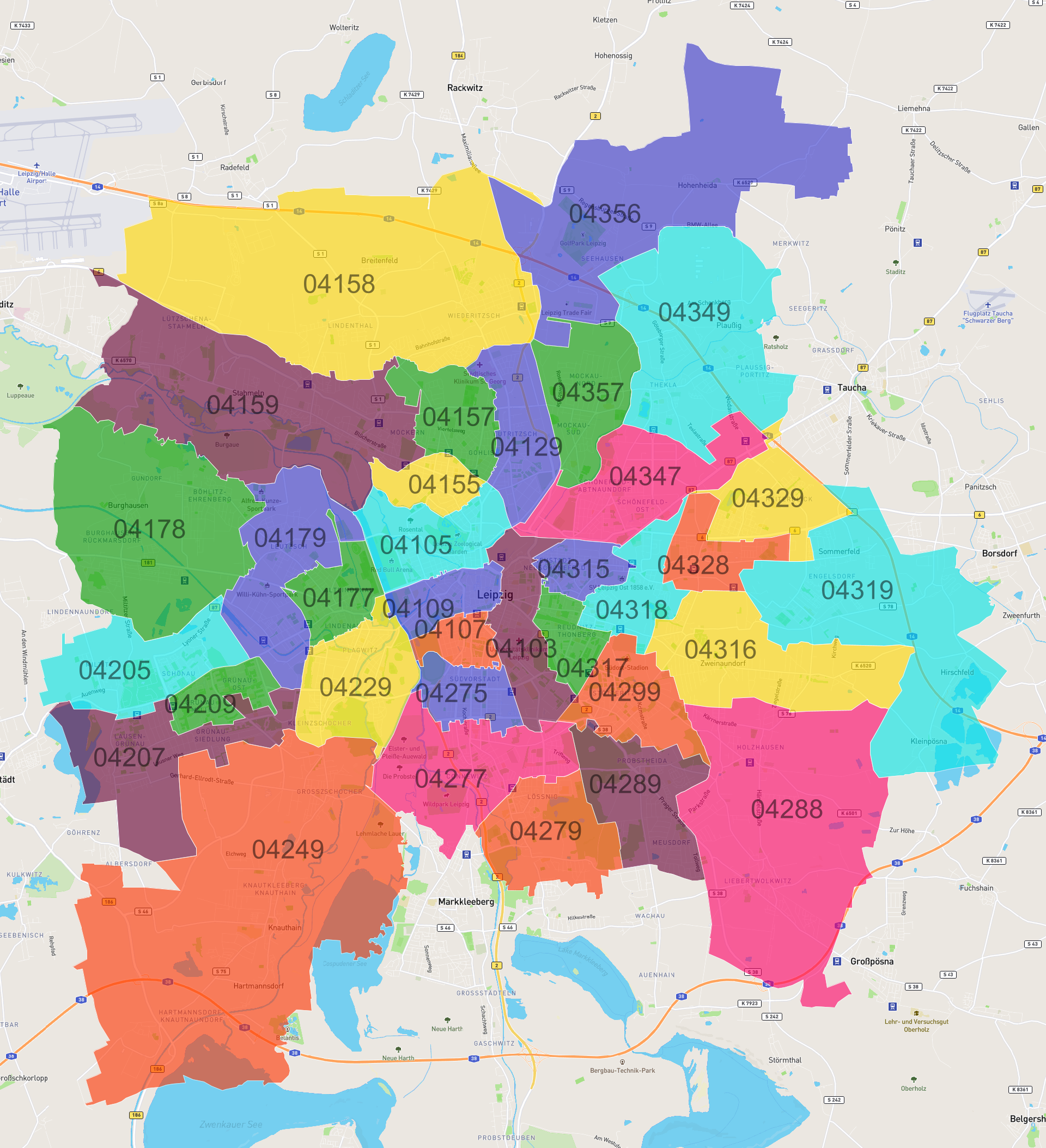 Leipzig Postleitzahlen Karte - AtlasBig.com