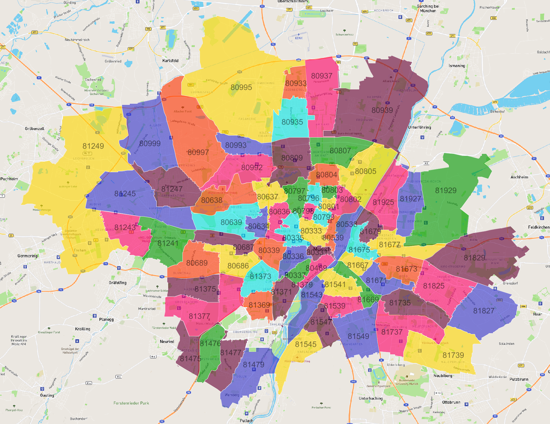 karte postleitzahlen münchen Munchen Postleitzahlen Karte Atlasbig Com karte postleitzahlen münchen