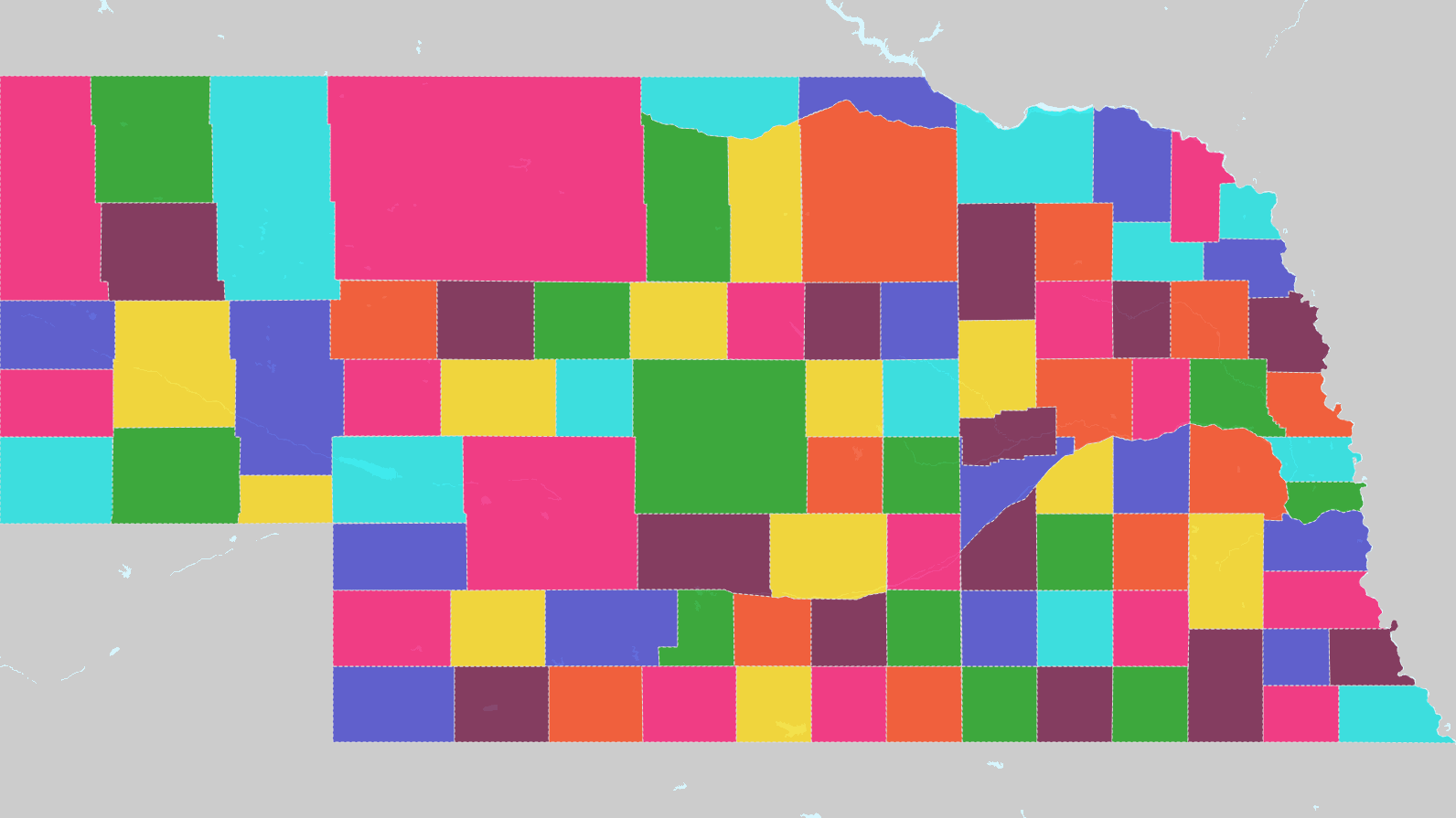 Counties of Nebraska Interactive Colorful Map