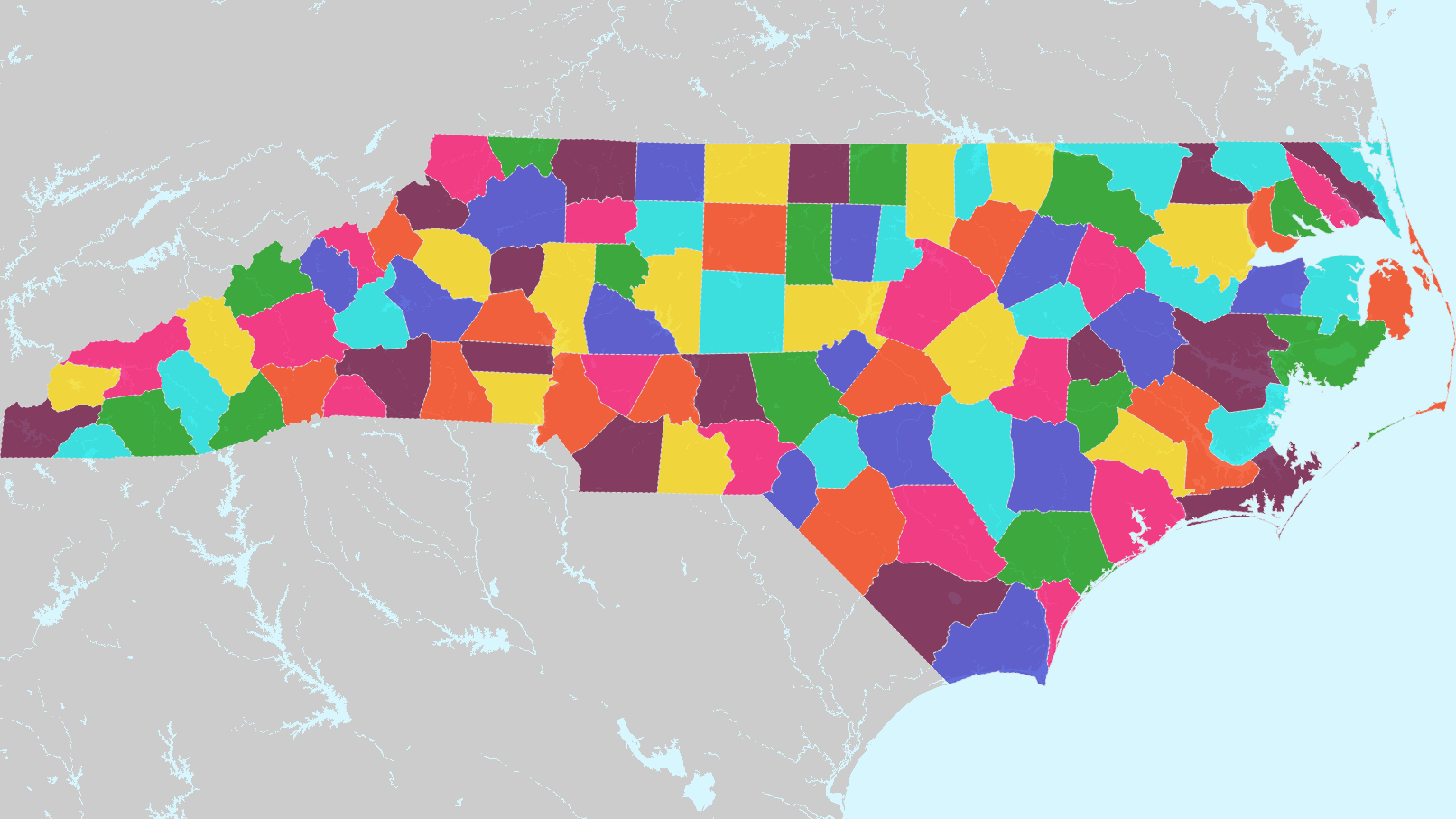 Counties Of North Carolina Interactive Colorful Map