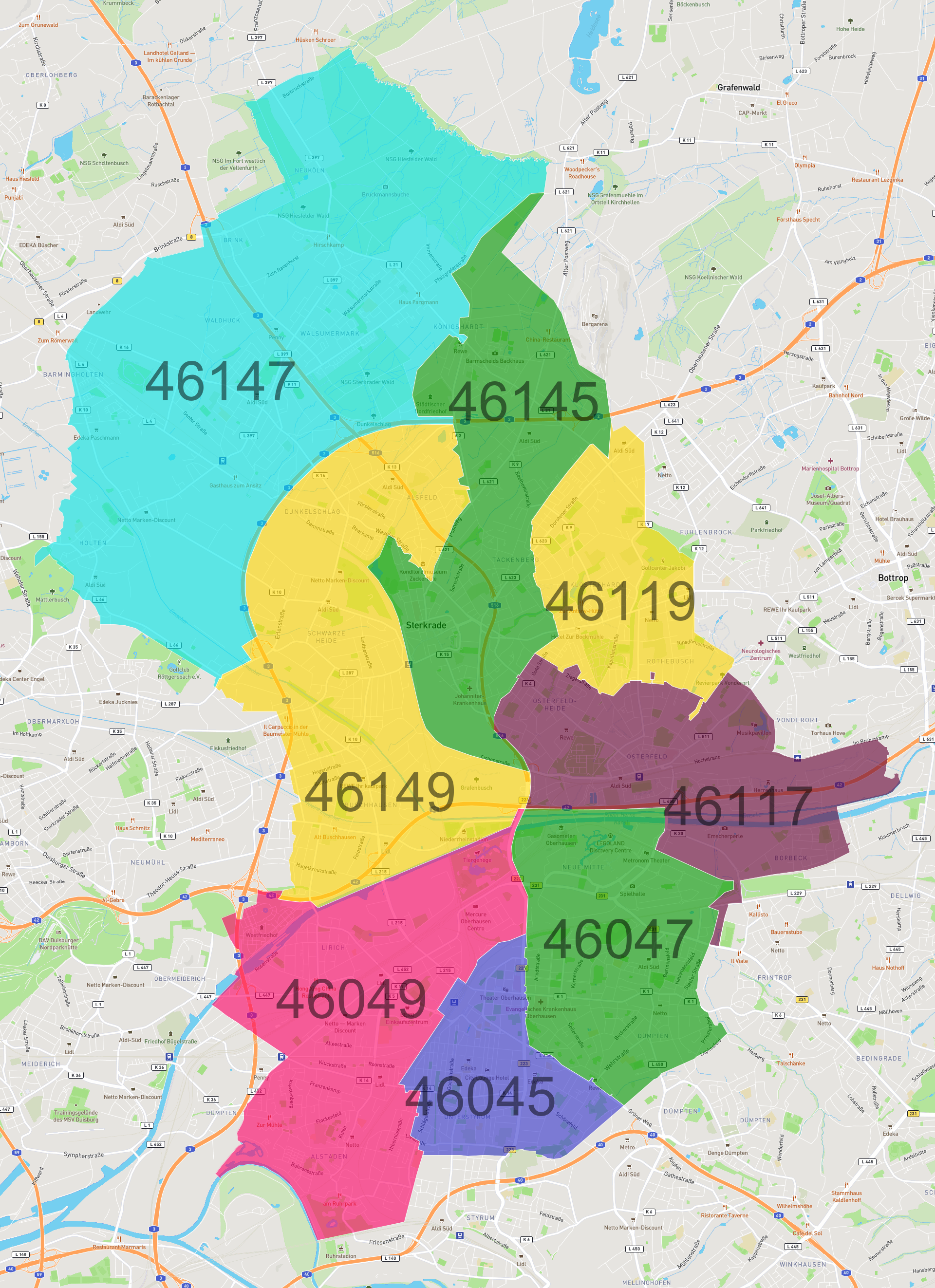 Oberhausen Postleitzahlen Karte - AtlasBig.com