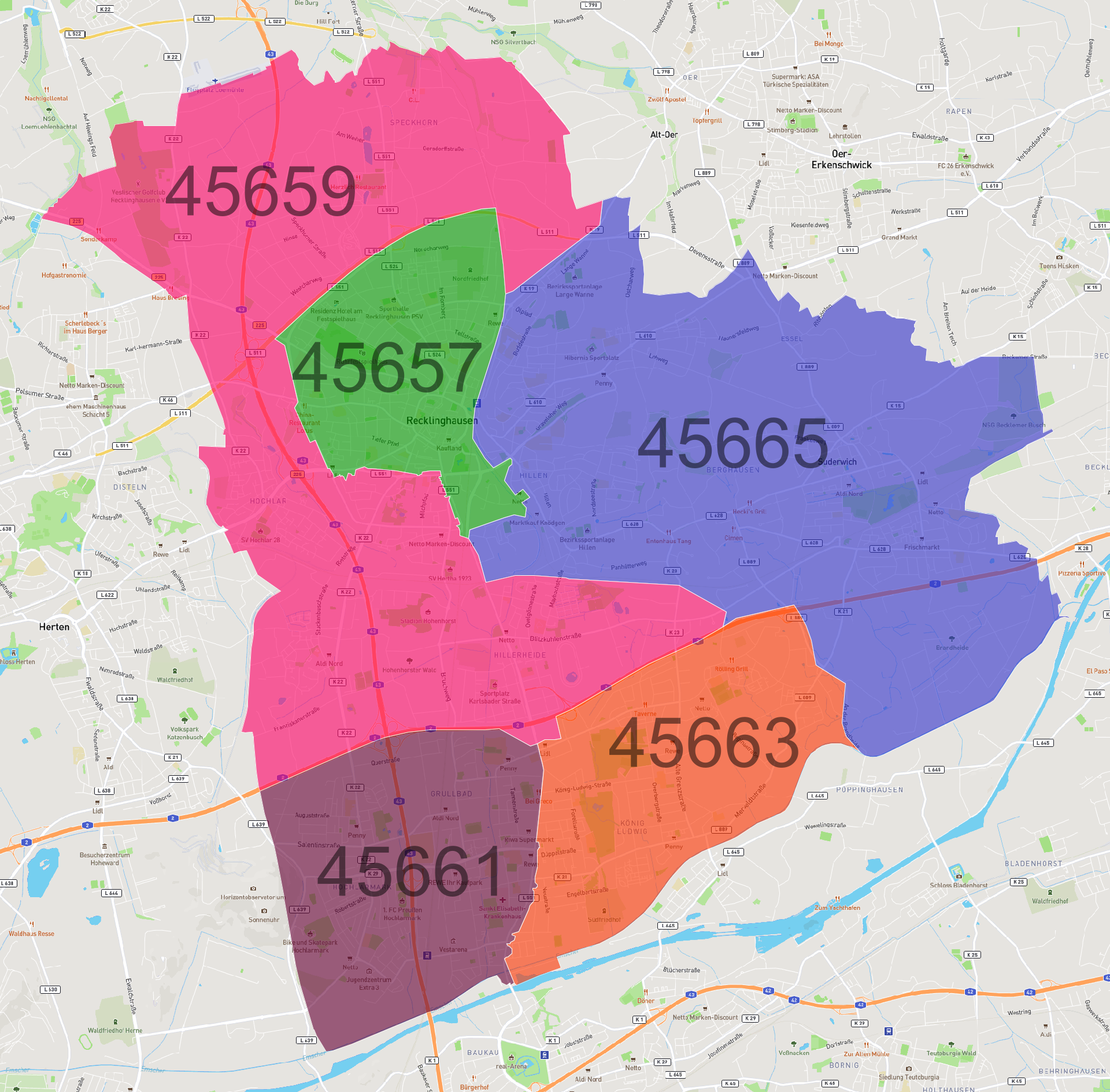 Recklinghausen Postleitzahlen Karte - AtlasBig.com Recklinghausen Postleitzahlen Karte - AtlasBig.com