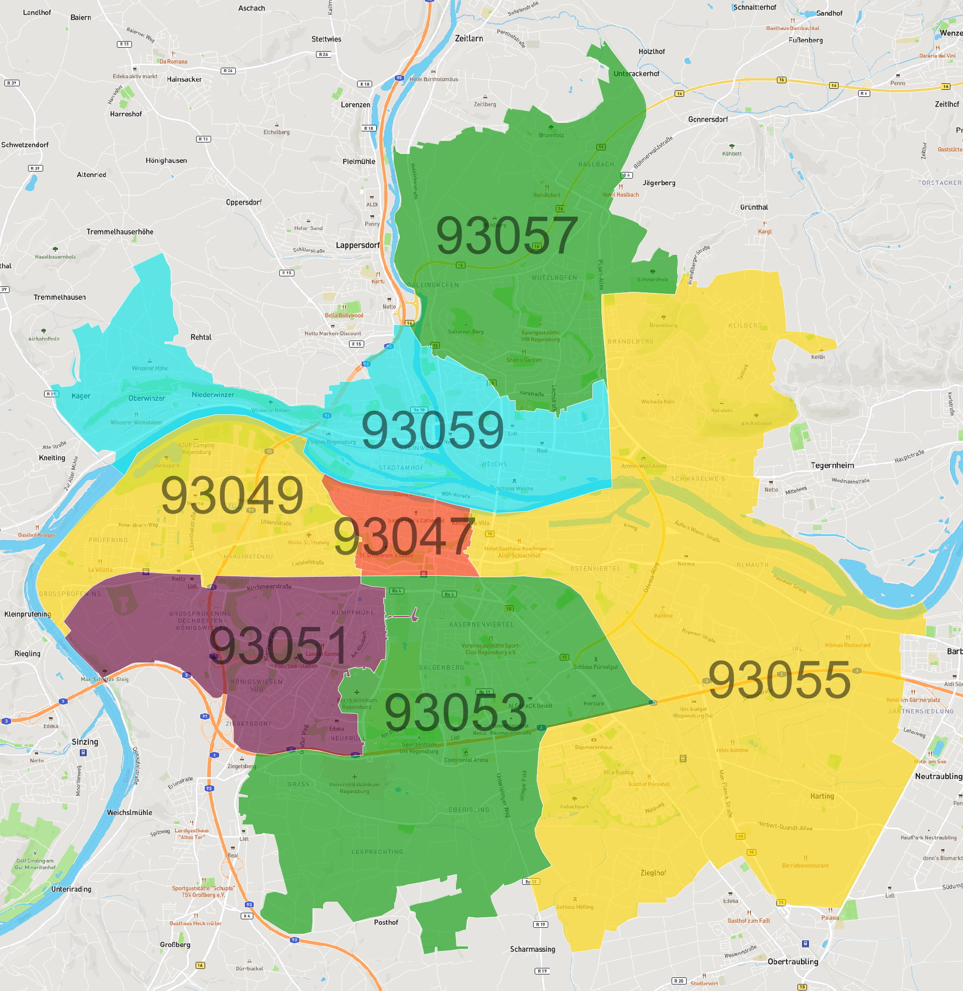 Regensburg Postleitzahlen Karte - AtlasBig.com