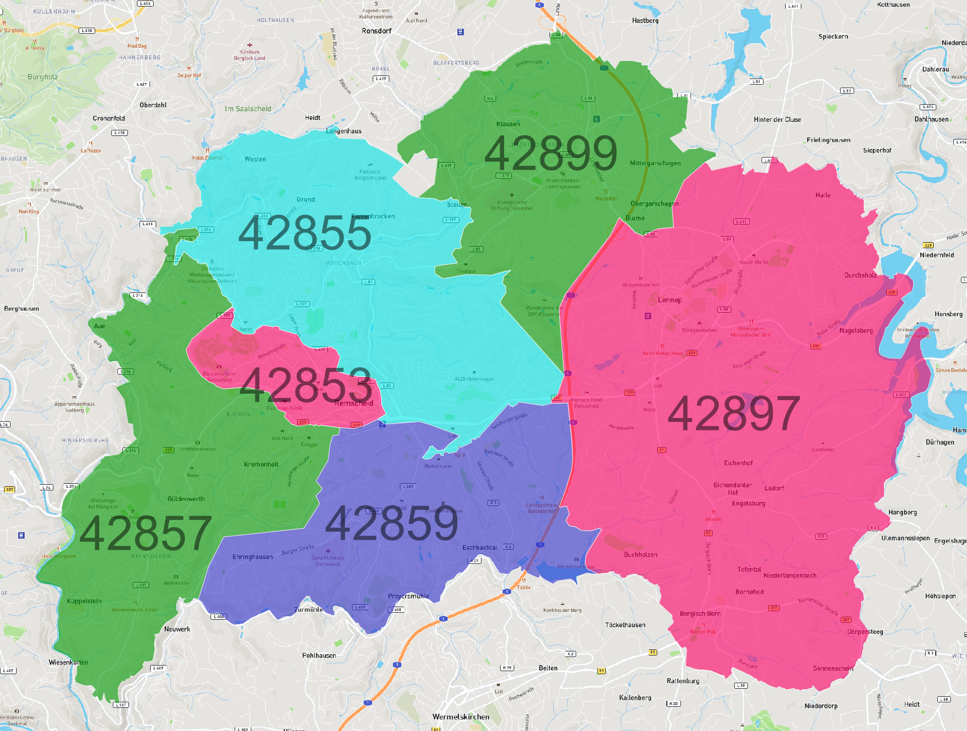 Remscheid Postleitzahlen Karte AtlasBig remscheid-postleitzahlen-karte-atlasbig