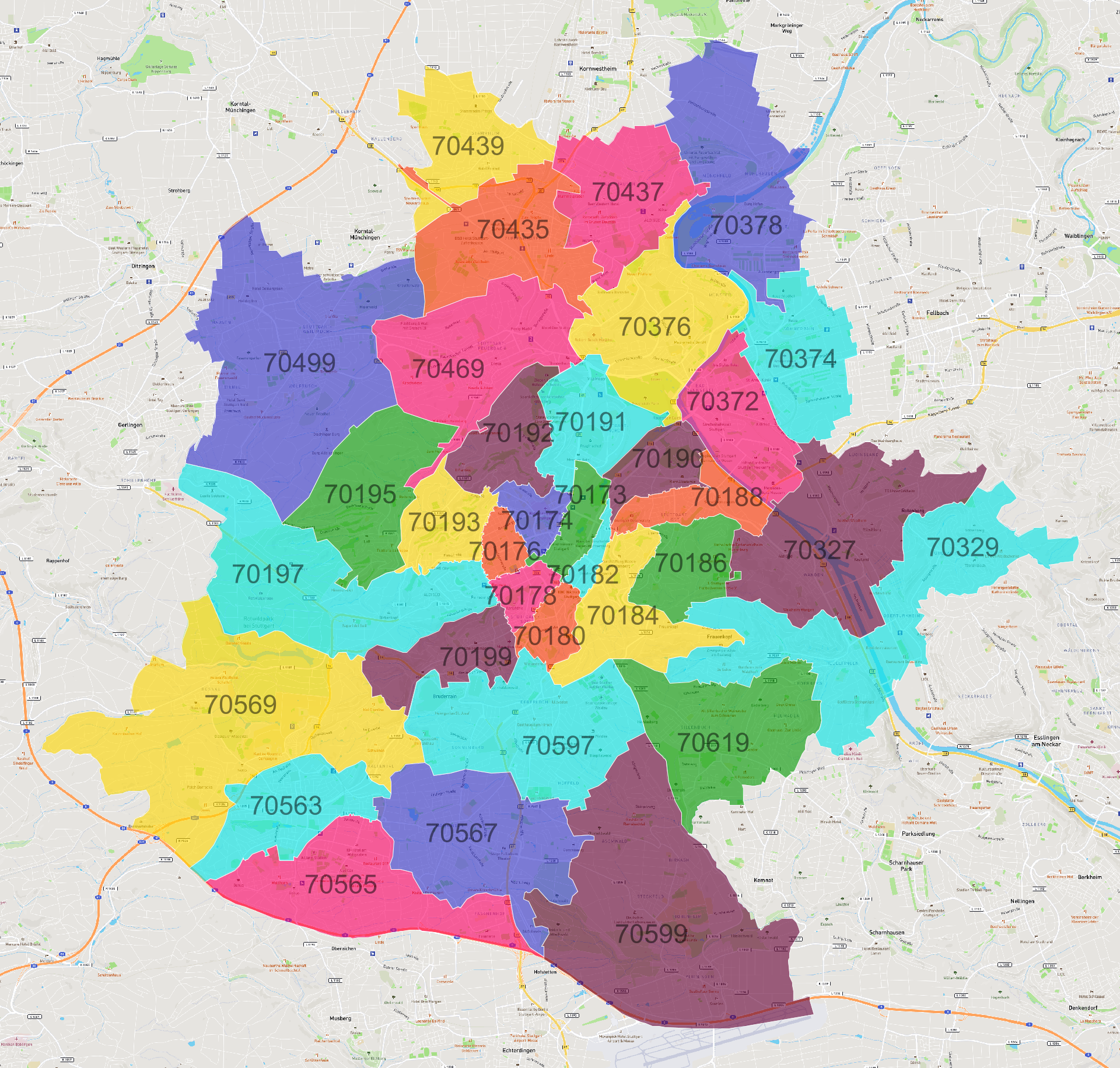 Stuttgart Postleitzahlen Karte - AtlasBig.com