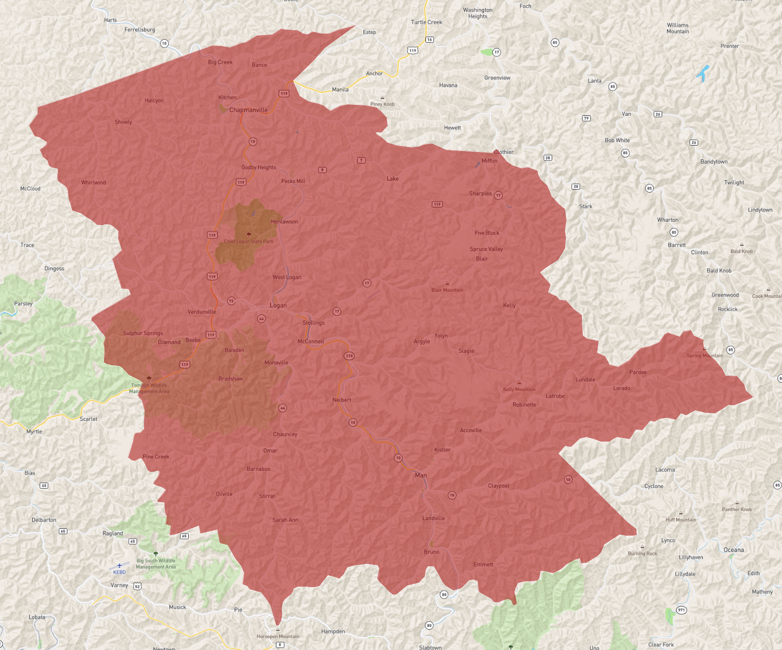 Logan County Wv Map West Virginia Logan County - Atlasbig.com