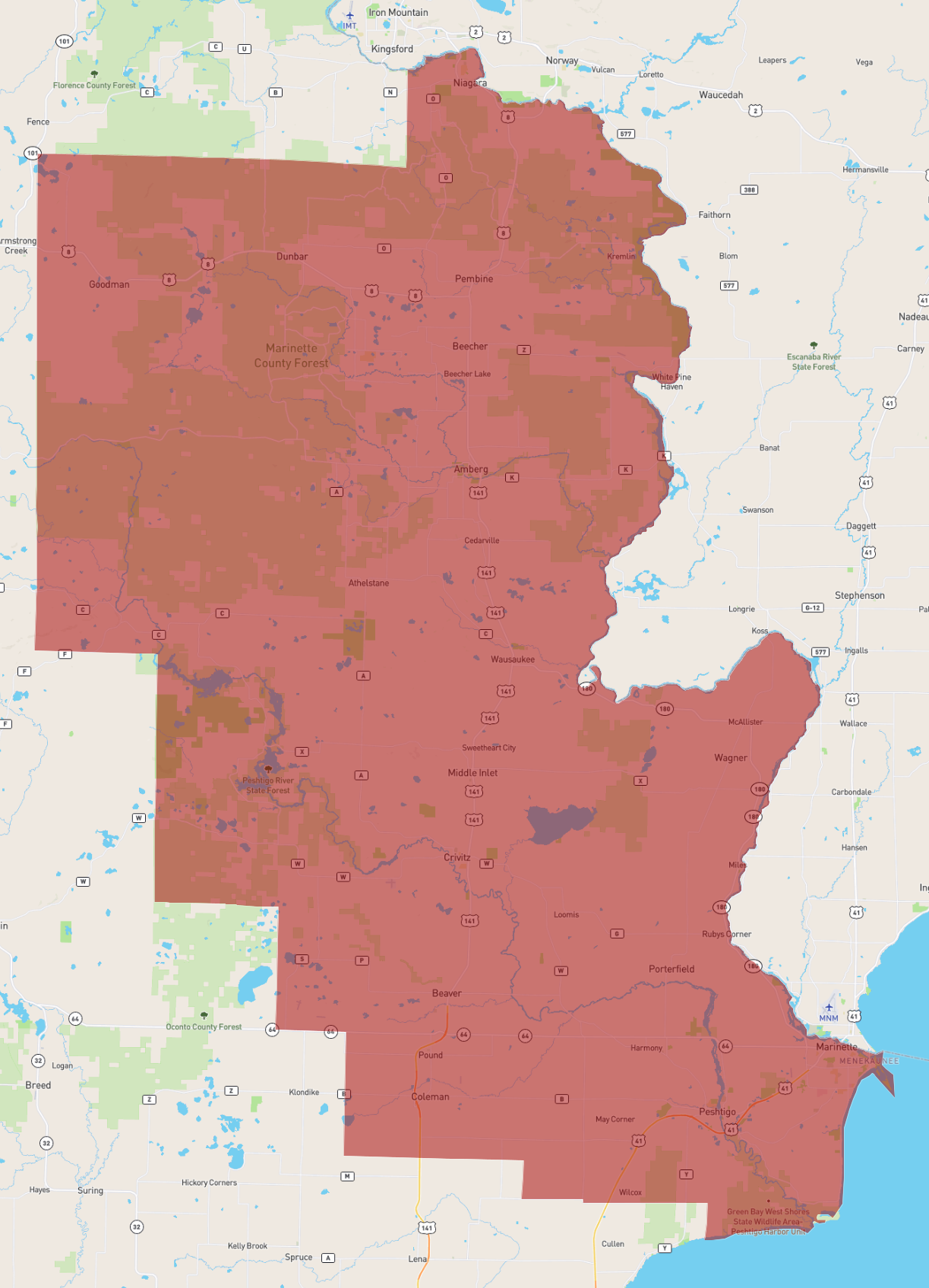 Detailed Map Of Marinette County